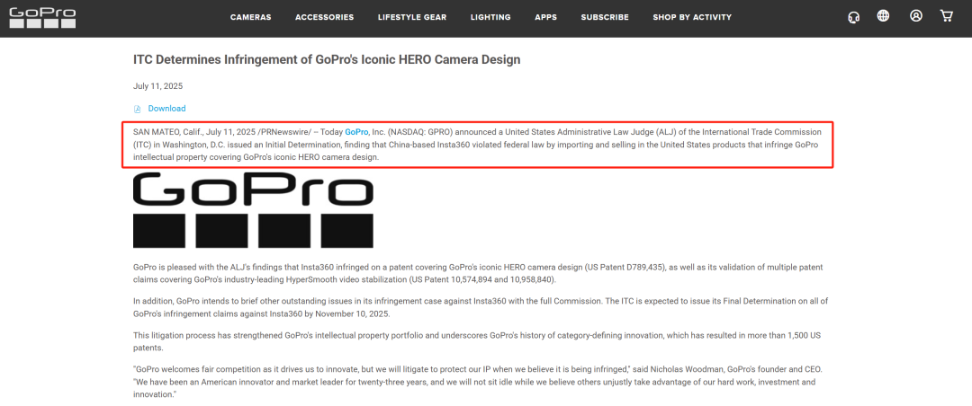 Insta360与GoPro专利诉讼案件概况