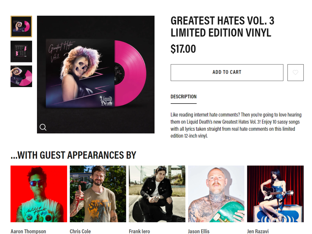 Liquid Death周边产品唱片水杯T恤滑板等SKU展示