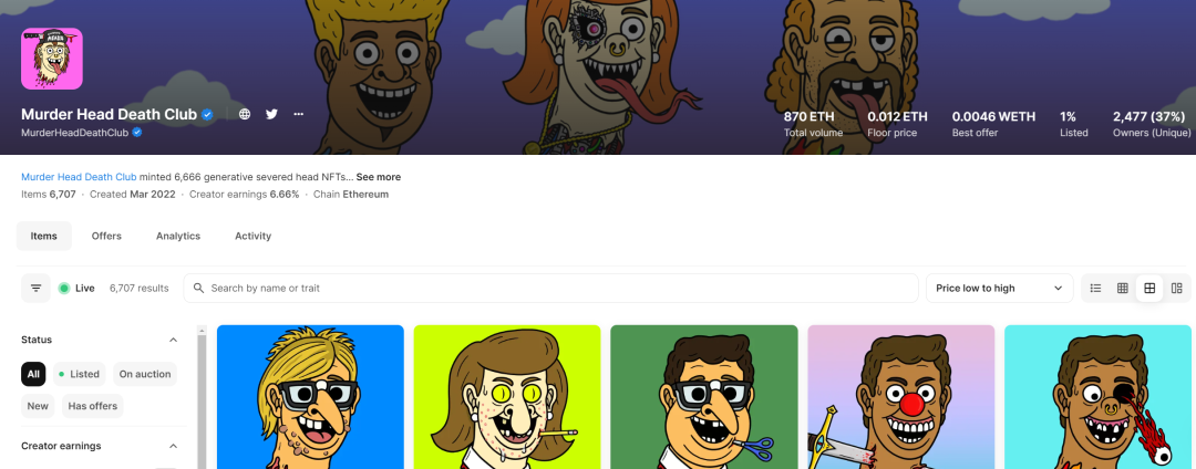 Liquid Death NFT盲盒Murder Head Death Club总市值870ETH