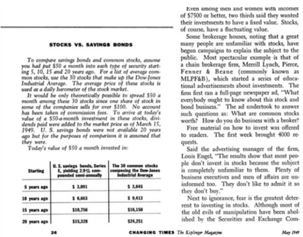 股票vs储蓄vs保险1926-1960年复合收益率对比柱状图:股票9%远超储蓄4%