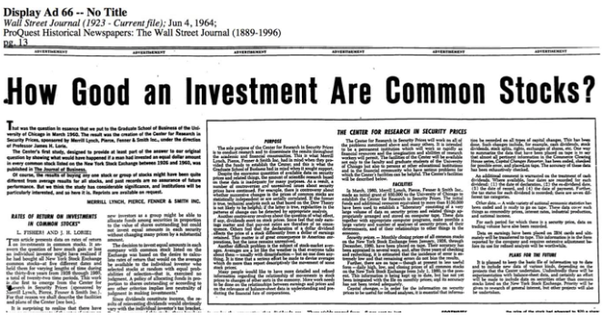 路易斯再度买下《华尔街日报》整版刊登CRSP股票收益率研究广告截图