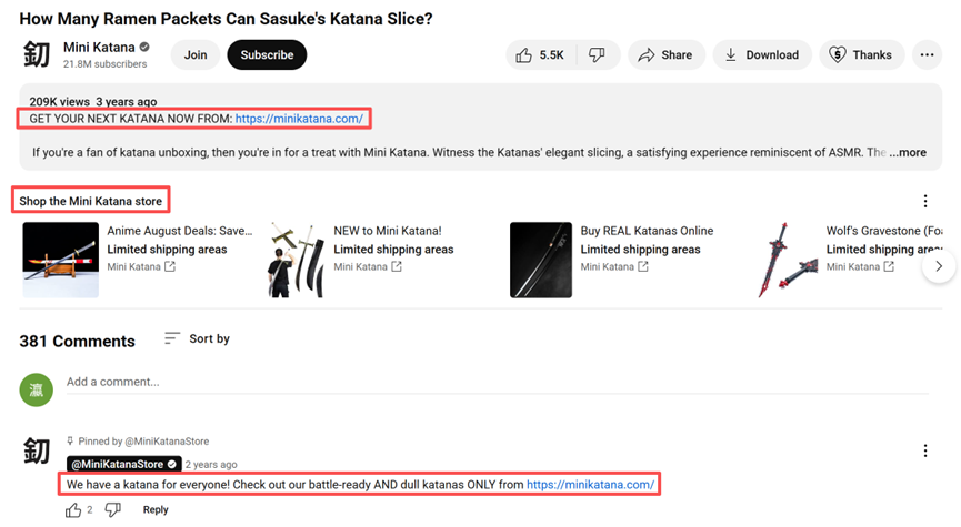Mini Katana YouTube视频置顶评论与主页购买入口展示
