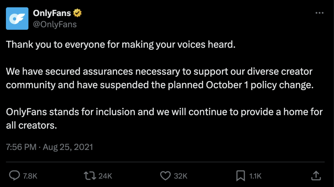 OnlyFans 2021年宣布禁止成人内容后一周撤回声明事件回顾