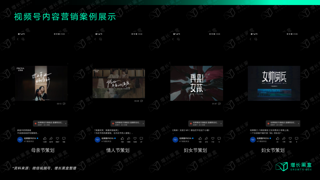 珀莱雅视频号内容营销主题短片案例截图（年轻人梦想/职场/母亲等主题）