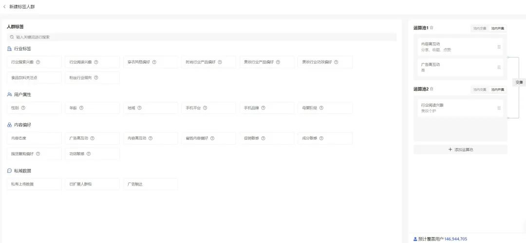 小红书聚光平台人群标签筛选:美妆个护行业定向可选出1.45亿潜在用户