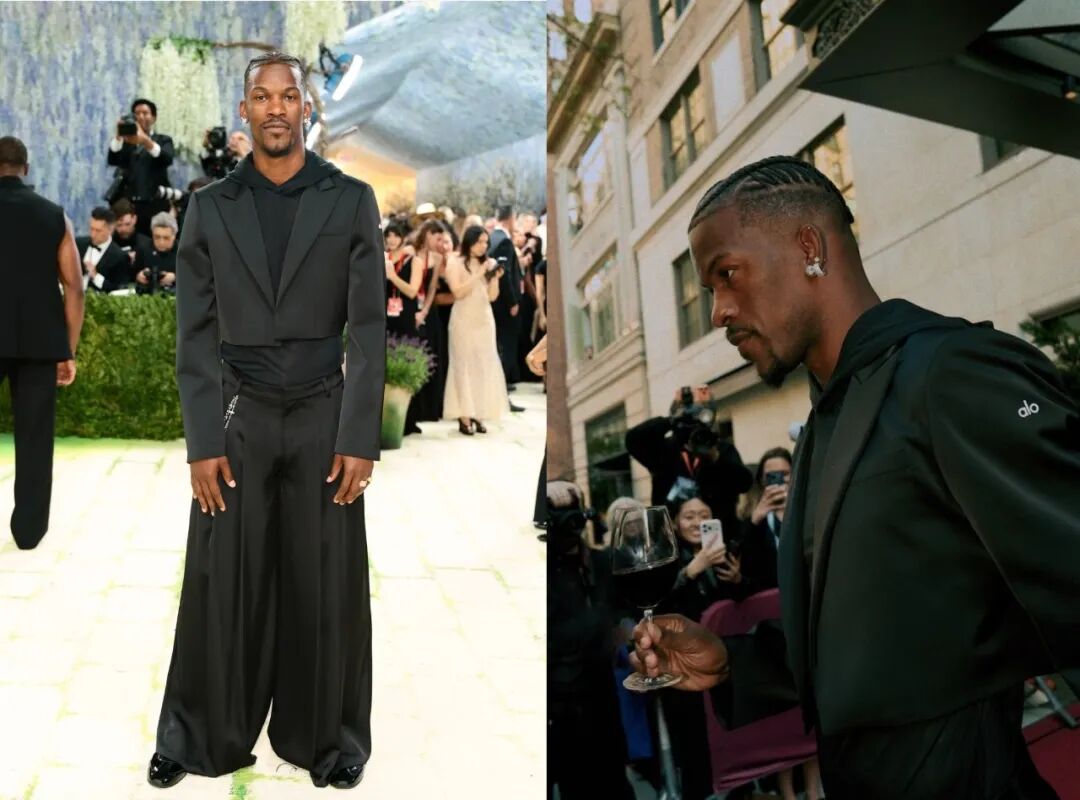 NBA球星Jimmy Butler身穿ALO黑色西服与阔腿裤亮相Met Gala