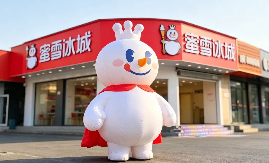 蜜雪冰城门店前的雪王充气人偶